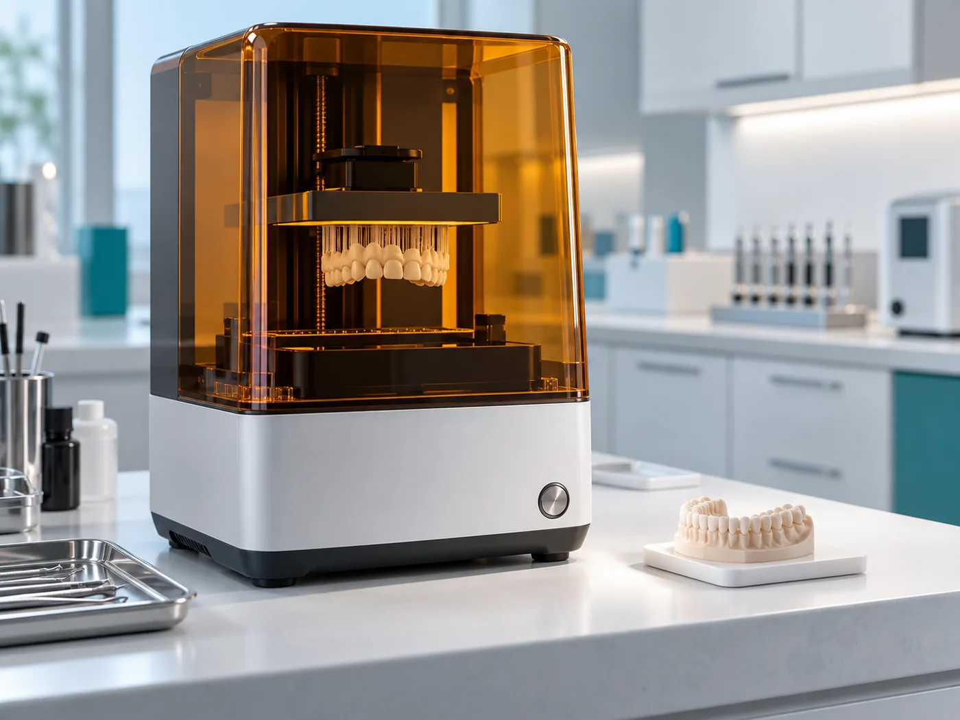 In-house dental laboratory 3D printer producing a dental model