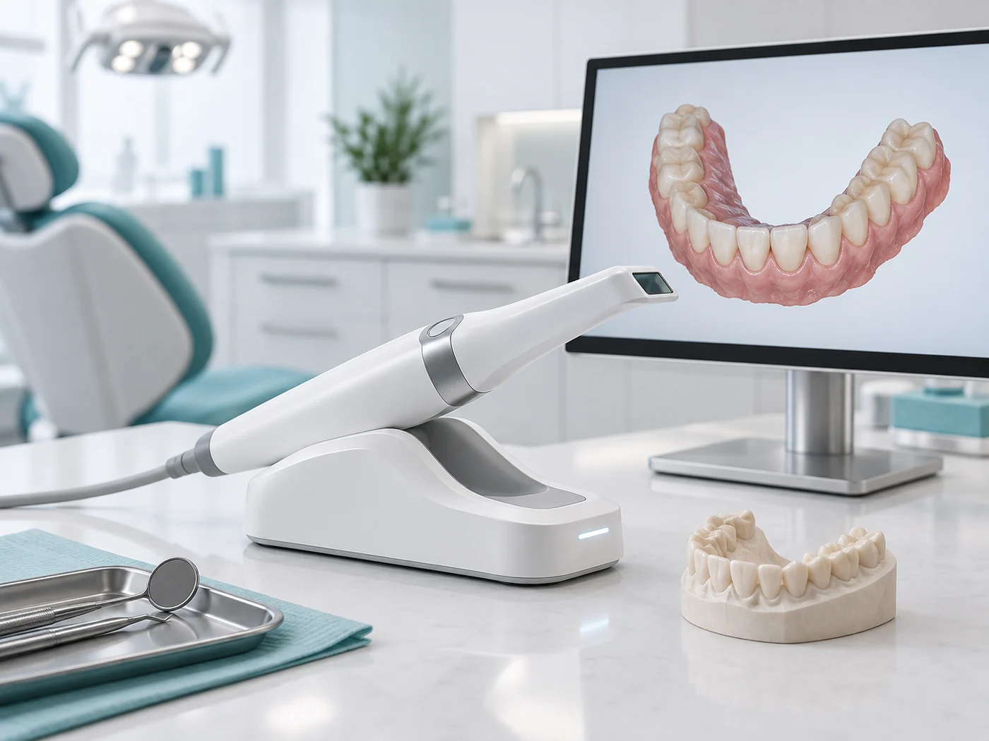 3D intraoral scanner displaying a digital model of teeth