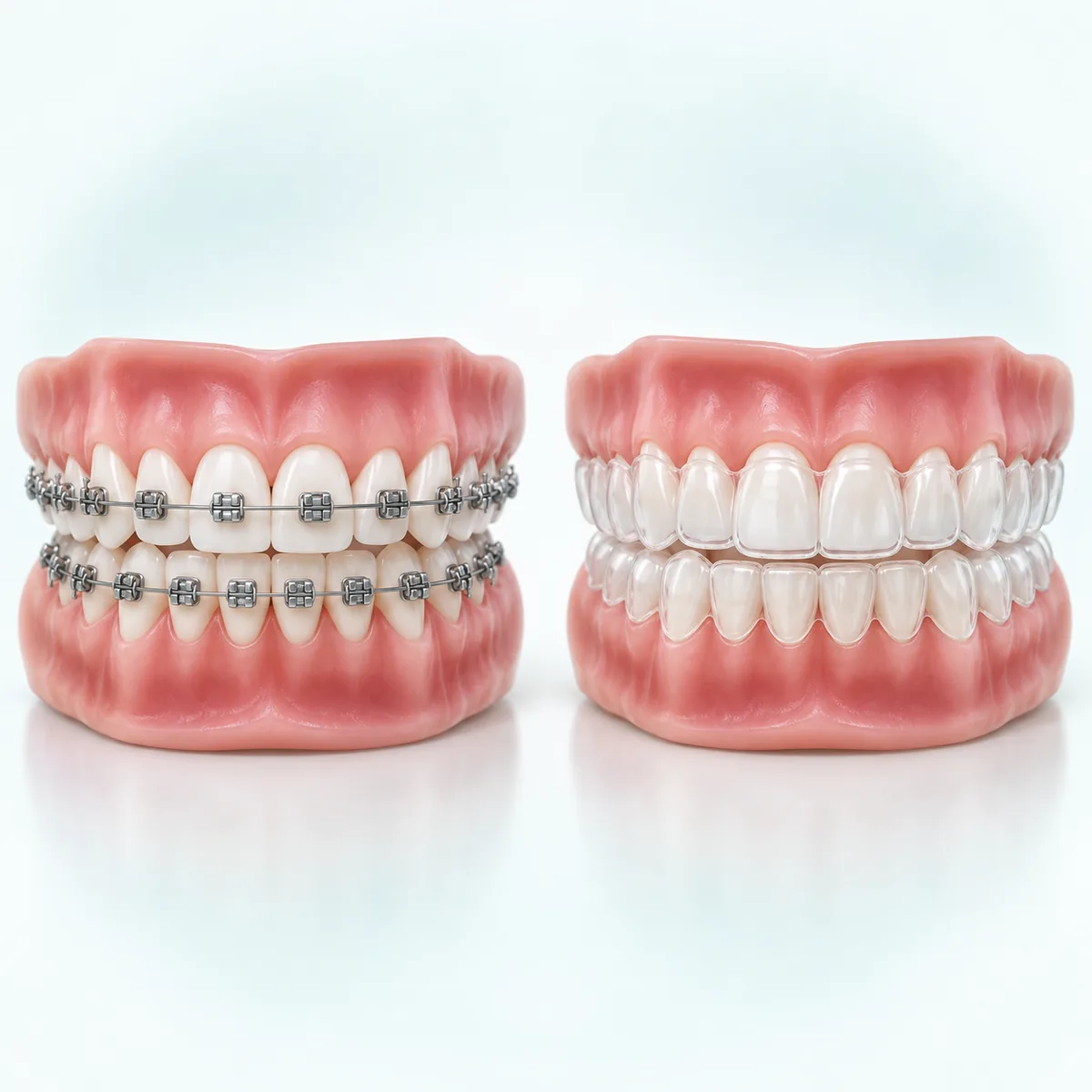 Dental models comparing braces and clear aligners