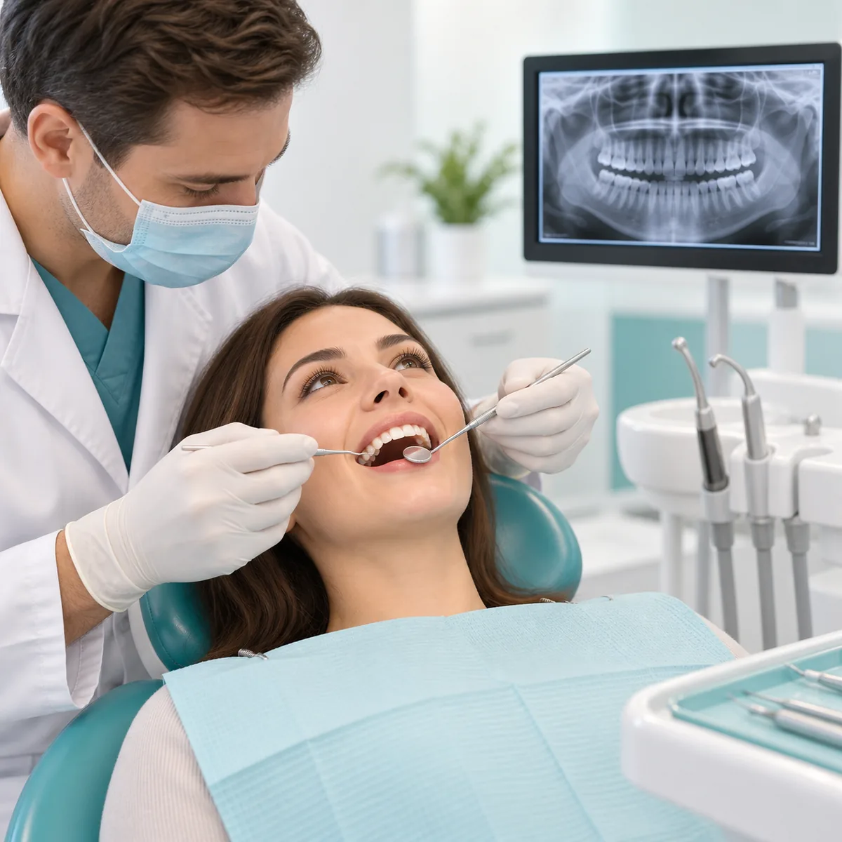 Dentist performing a dental check-up with a panoramic X-ray displayed