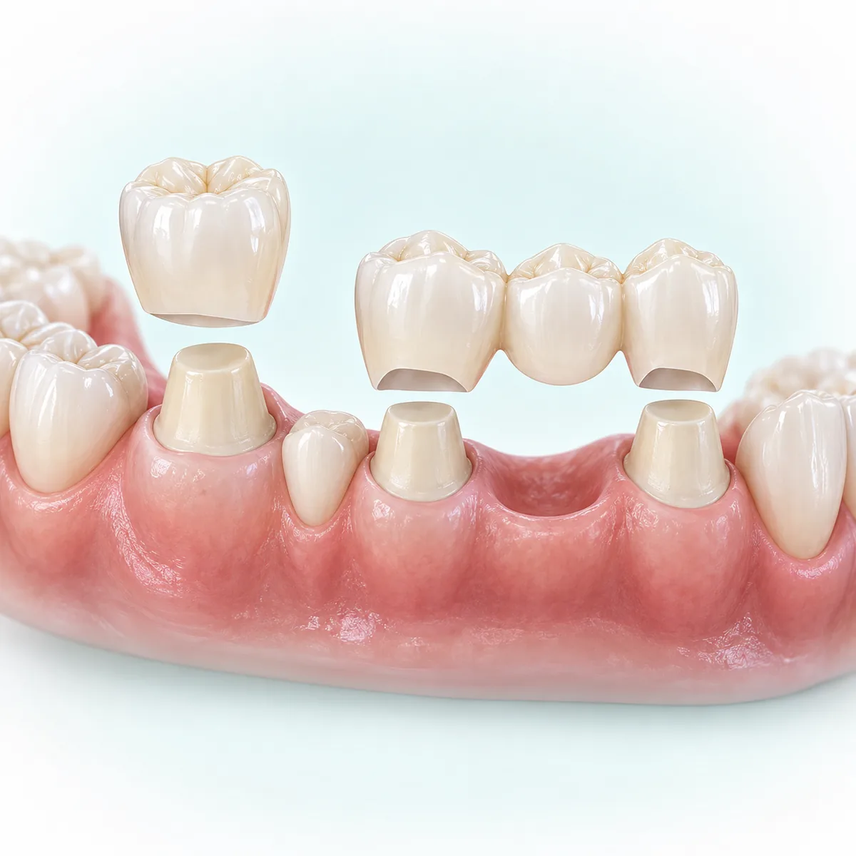 Illustration of dental crowns and a bridge restoration