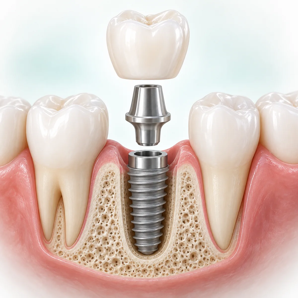 Illustration of a dental implant, abutment and crown