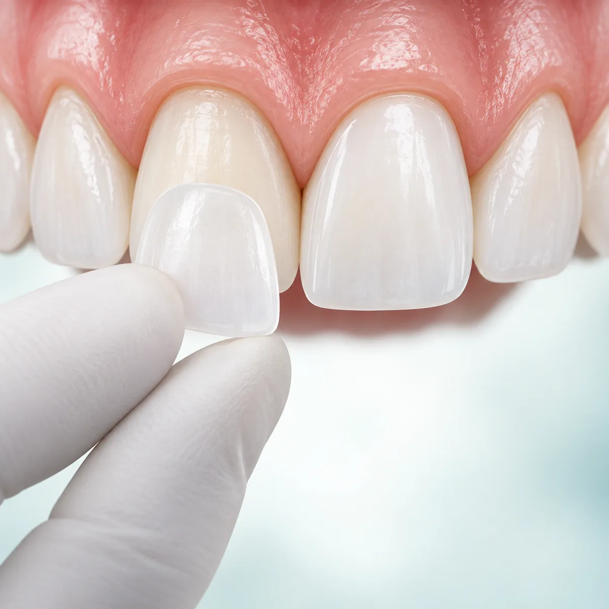 Dental veneer being matched to a front tooth