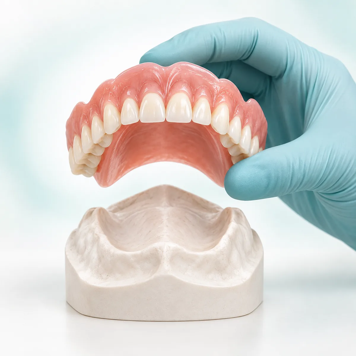 Dental professional holding a full denture above a model