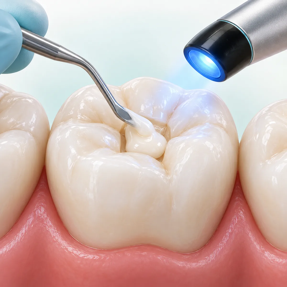Tooth-coloured dental filling being placed and light-cured