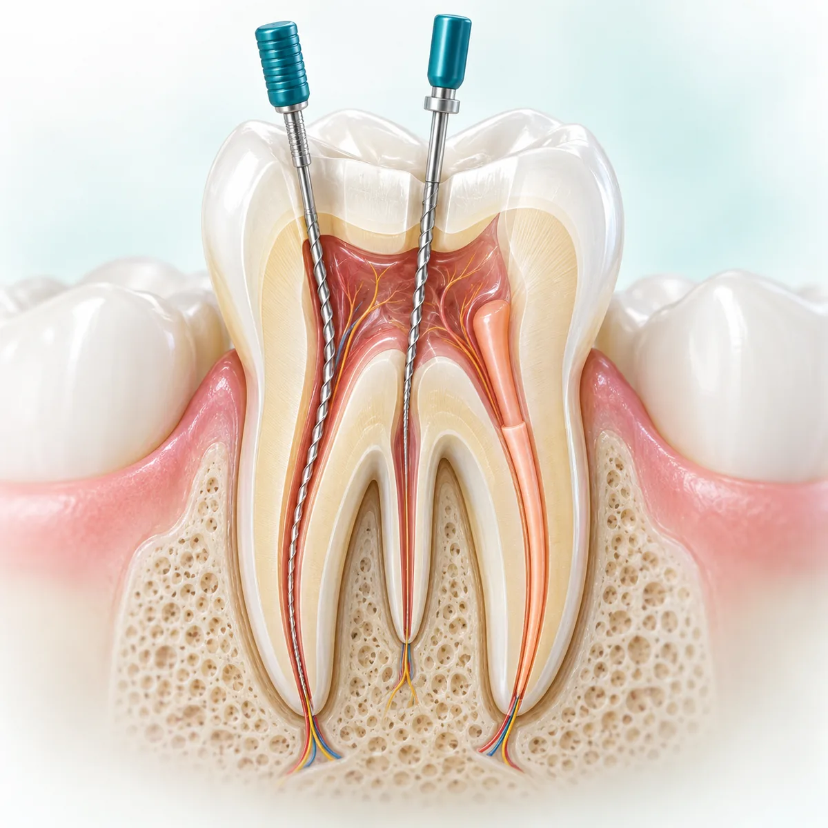 Illustration of root canal instruments cleaning the inside of a tooth