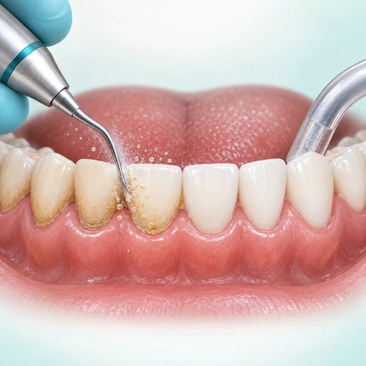 Professional dental scaling removing deposits from teeth