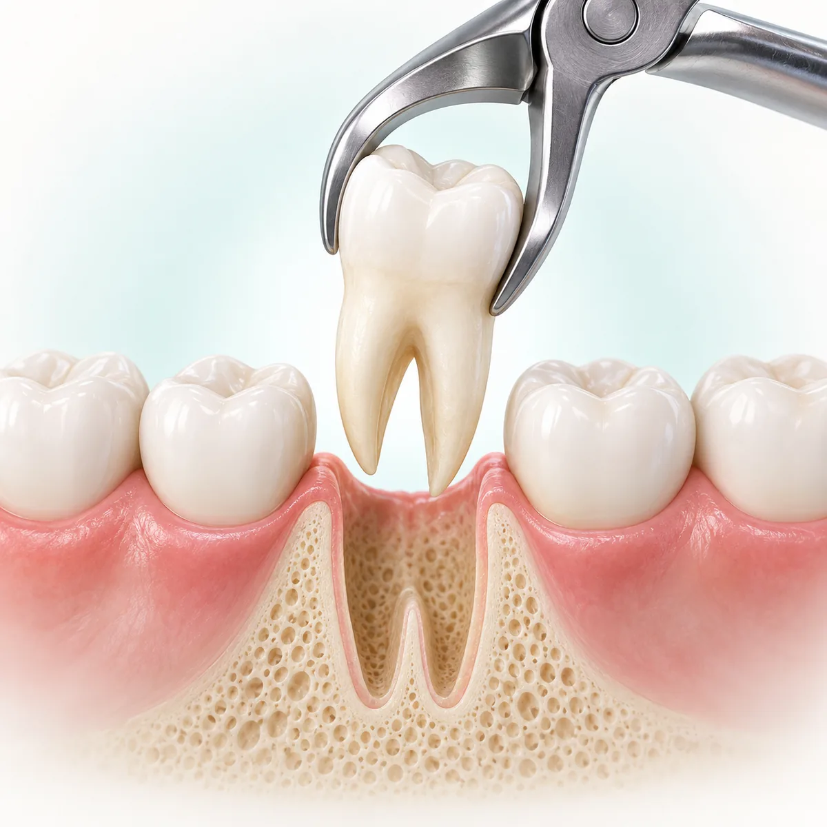 Illustration of a tooth extraction with dental forceps